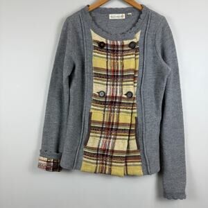 Anthropologie Charlie & Robin Cardigan Women L Gray Wool Plaid Button Front Prep